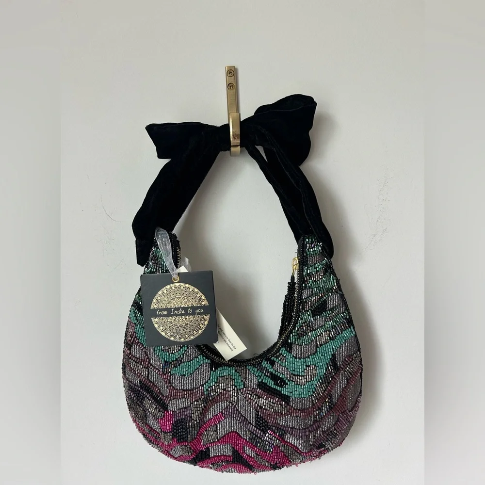 Beaded Black colorful Velvet Bow shoulder strap Bag